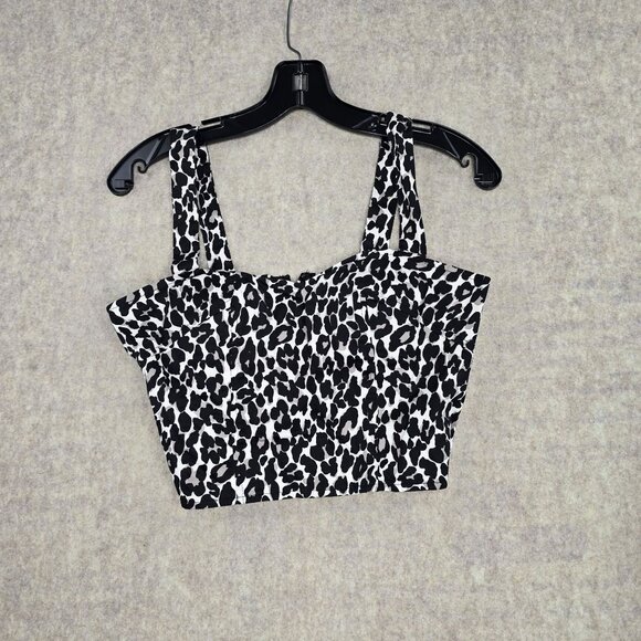 Black & White Leopard Print Womens Crop Top Medium Cotton Blend Zipper Back - Picture 1 of 8